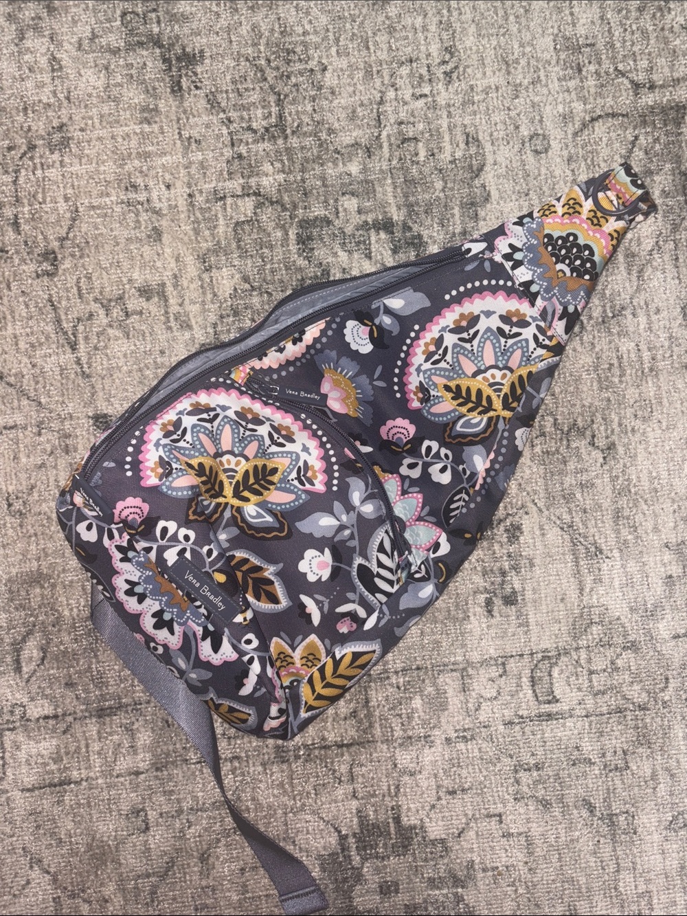 Vera Bradley Gray Floral Medallion Sling Bag with Pink & Gold Accents